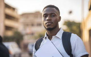 Jeune homme tenant un cahier en extérieur urbain.