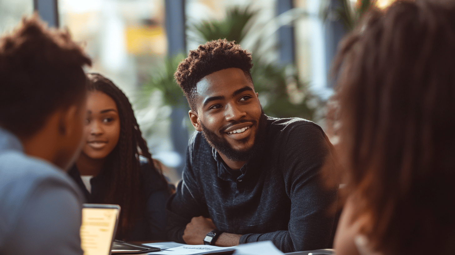 Réunion d'équipe avec échanges animés.