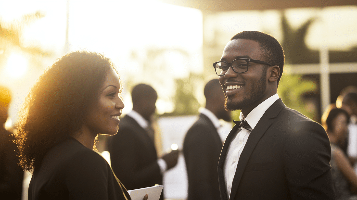 Deux personnes souriantes en conversation formelle.