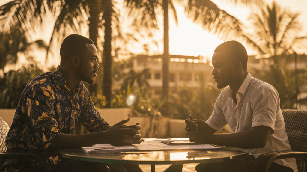 Deux hommes discutent en terrasse au coucher du soleil.