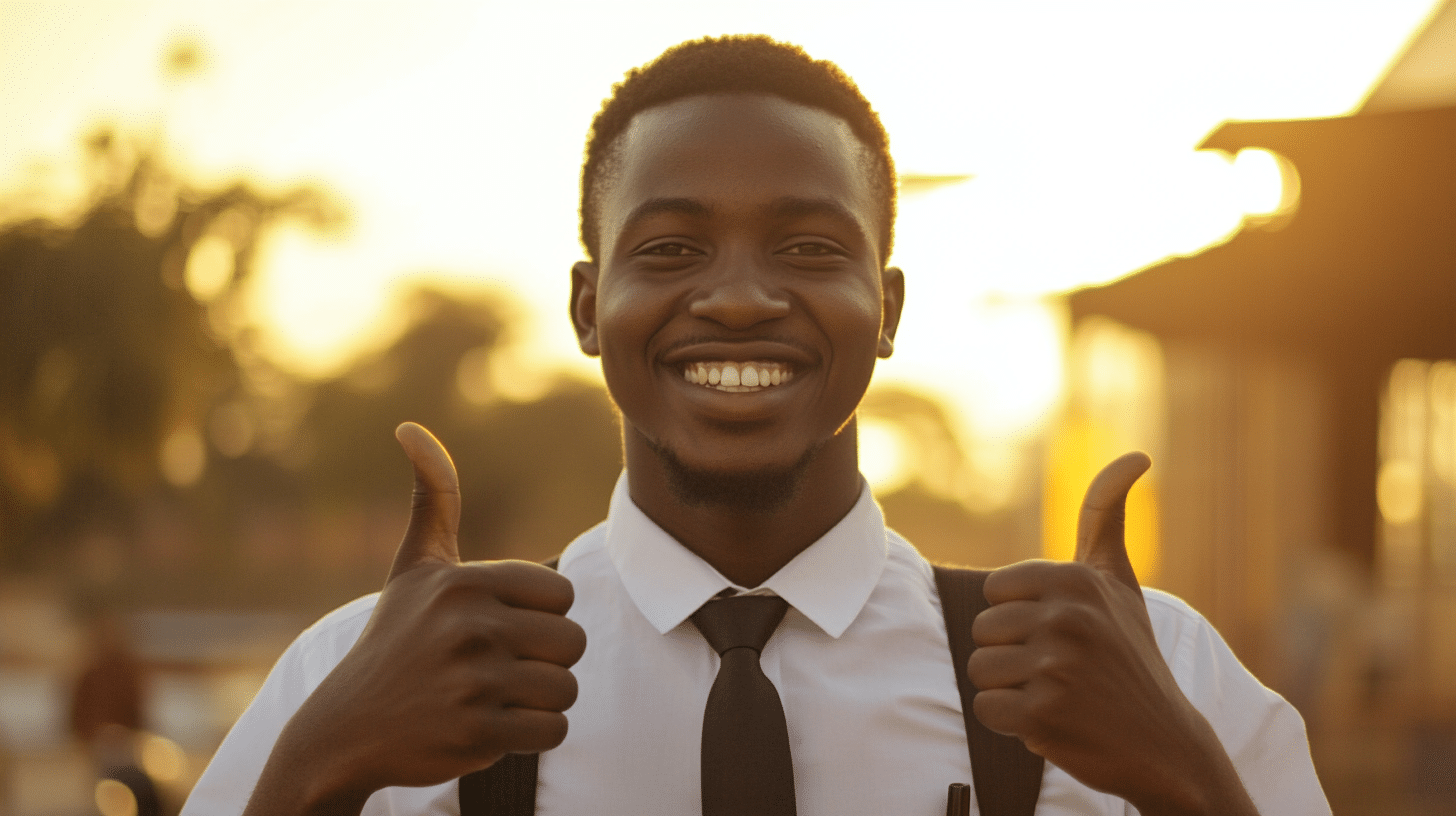 Homme souriant avec pouces levés au coucher du soleil.