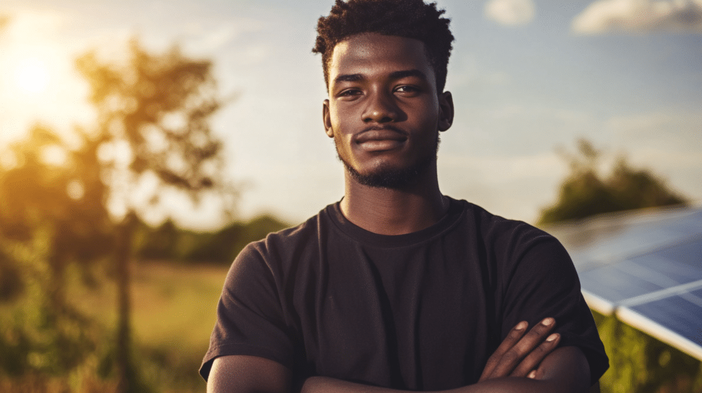 Homme souriant devant panneau solaire au crépuscule.